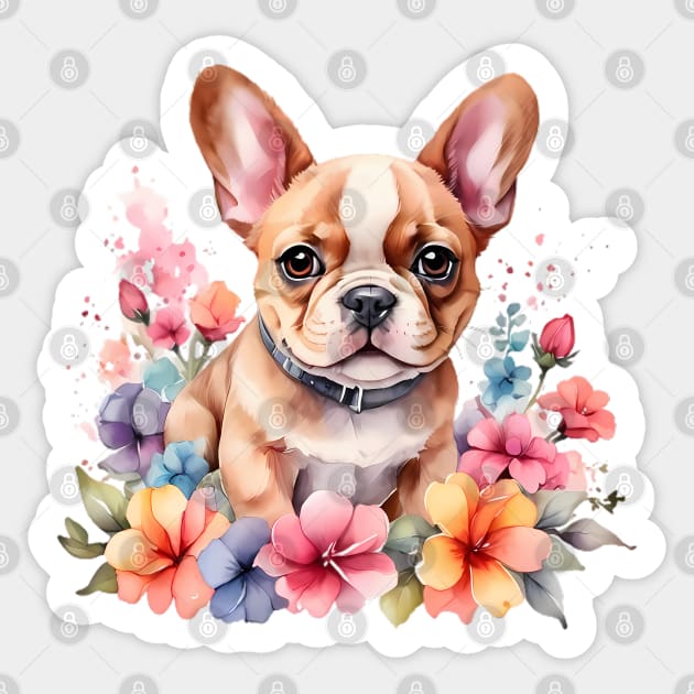 A baby french bulldog  decorated with beautiful watercolor flowers Sticker by CreativeSparkzz